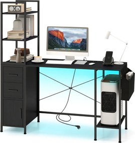 Secretária de escritório : 145 x 50 x 147,5 cm com luzes LED e tomadas elétricas Suporte para CPU e bolso de tecido preto