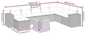 9 pcs conjunto sofás p/ jardim com almofadões vime PE cinzento