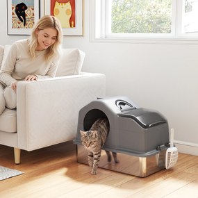 Caixa de Areia para Gatos Fechada XL em Aço Inox com Tampa, Pá, Tapete Recolhedor de Areia, Cinzento Scuro