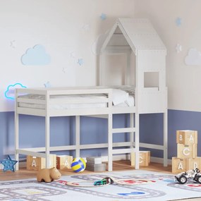 vidaXL Cama alta c/ escada e telhado 90x190 cm pinho maciço branco