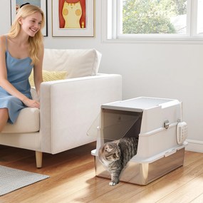 Caixa de areia fechada XL em aço inoxidável, casa de higiene para gatos de grande porte, 60,2 x 40,2 x 43,3 cm, cinzento claro