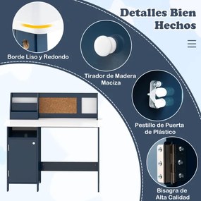 Conjunto de Secretaria e cadeira para crianças com quadro negro, marcador, prateleira e armário de armazenamento Azul
