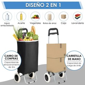 Carrinho de compras dobrável com rodas Saco impermeável amovível e leve para piquenique Campismo 34 x 28 x 90 cm Preto