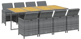 9 pcs conjunto jantar p/ jardim c/ almofadões vime PE cinzento