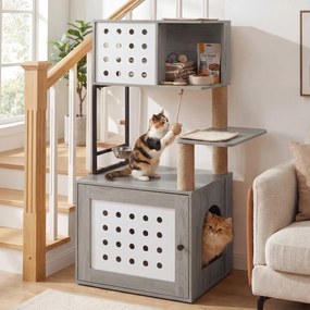 Arranhador para gatos 3 em 1  com vários níveis 72 x 43 x 117,5 cm, postes de sisal, condomínio, zona de refeições, bola suspensa, recinto e caixa de