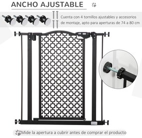 Barreira de Segurança para Cães Animais de Estimação para Portas Escadas Corredores 74-80cm com Porta e Fechadura Automática Aço Preto