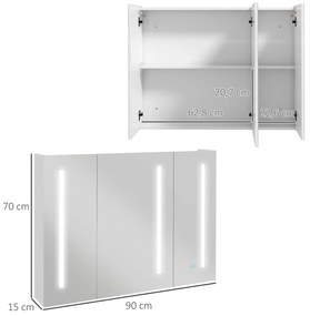 Armário Casa de Banho com Espelho e Luz LED com 3 Portas Prateleiras Ajustáveis e Interruptor Tátil 90x15x70 cm Branco Brilhante