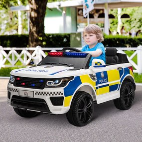 Carro Elétrico para Crianças Carro Elétrico Infantil de Policia 12V com Bluetooth USB Luz Sirene 110x68x52 cm  Branco