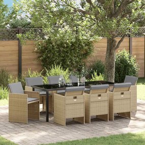 vidaXL Conjunto de Jantar para Jardim de 9 Peças com Almofadas de Rattan Poliéster Bege