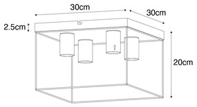 Candeeiro de teto minimalista preto com quadrado dourado de 4 luzes - Kodi Moderno