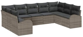 Conjunto de Sofá de Jardim de 9 Peças com Almofadas Cinza em Rattan Po