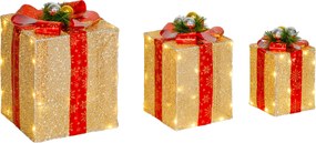 Outsunny Conjunto de 3 Caixas de Presente de Natal com 58 LEDs Branco Quente Enfeites Luminosos para a Árvore de Natal Dourado | Aosom Portugal
