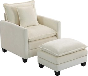 Poltrona de sala com apoio para os pés, sofá de 1 lugar em chenille, assento largo, estofamento de dupla camada, 85x128x86 cm, creme