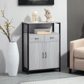 HOMCOM Armário de Sala de Estar com 2 Portas 2 Gavetas e Prateleira Ajustável Móvel Auxiliar de Armazenamento para Cozinha Sala de Jantar Dormitório Estilo Moderno 64x34x90cm Cinza