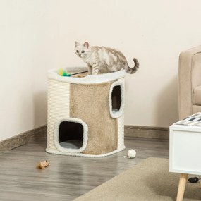 Barril Arranhador para Gatos de 2 Níveis com Caverna de Sisal Pelúcia Suave e Plataforma de Velo 40x40x49cm Bege