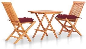 vidaXL Conjunto bistrô c/ almofadões vermelho tinto 3 pcs teca maciça