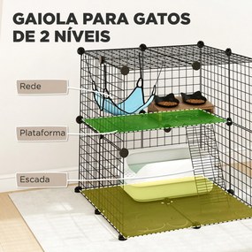 Gaiola Interior para Gatos de 2 Níveis em Aço com 2 Portas Escada e Rede 70x70x70 cm Preta