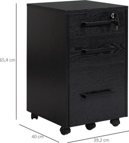 Bloco de gavetas de secretária com rodas, 3 gavetas (1 com fechadura) e 1 organizador de pastas, em MDF (painéis de partículas) preto