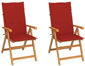 vidaXL Cadeiras de jardim c/ almofadões vermelhos 2 pcs teca maciça