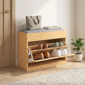 Banco para sapatos à entrada 63 x 29 x 48 cm, banco de arrumação em bambu, assento estofado, porta em rattan e prateleira ajustável, em cor madeira na