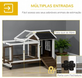 PawHut Coelheira de Madeira com Rodas 108x58x73,5cm Gaiola para 1-2 Coelhos com Teto Abatível Cerca Metálica Bandeja Amovível Portas com Trava e Rampa Marrom Café e Branco