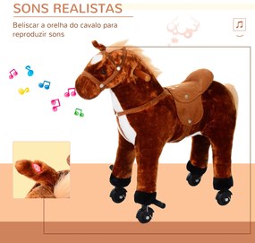 Cavalo de Brinquedo para Crianças de +3 Anos com Rodas Sons e Estrutura de Metal Carga 60kg 65x28x75 cm Castanho