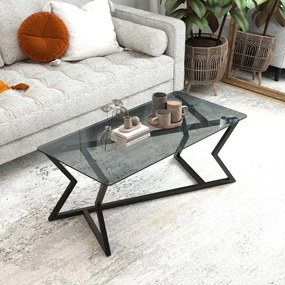 Mesa de centro retangular 110 x 55 x 44,5 cm com vidro temperado e Estrutura metálica geométrica, estilo moderno, cinzento escuro