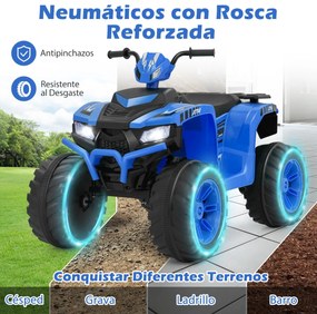 Moto 4 eléctrica de 24V para crianças dos 3 aos 8 anos com ligação sem fios Rádio de música Pneus resistentes Luz LED Arranque suave Azul