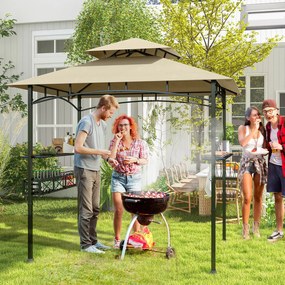 Tenda 242 x 153 cm com 2 estantes laterais, cesto, ganchos e abridor de garrafas; Estrutura metálica para jardim ou pátio, cor bege