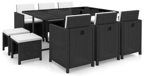 11 pcs conjunto jantar exterior com almofadões vime PE preto