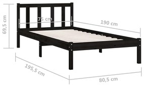 Estrutura de cama pequena solteiro 75x190 cm pinho maciço preto