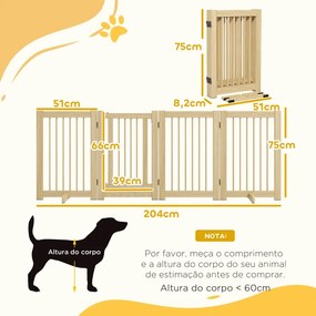 Barreira de Segurança 204x36x75 cm para Cães em Madeira Dobrável para Escadas e Portas para Cães Pequenos e Médios de 4 Painéis Madeira