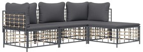 4 pcs conjunto lounge de jardim c/ almofadões vime PE antracite