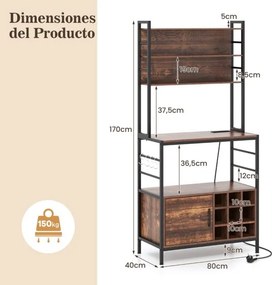 Armario de cozinha 80 x 40 x 170 cm com 2 tomada e 2 portas USB, com ganchos e prateleiras para garrafas de vinho 80 x 40 x 170 cm Castanho