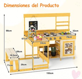 Cozinha de brincar com mesa de piquenique para crianças de madeira de abeto com banco Quadro negro Acessórios Utensílios Amarelo