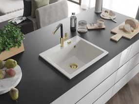 Mexen Oscar lava-loiça em granito de 1 cuba 580 x 490 mm, branco, sifão dourado - 6519581000-20-G