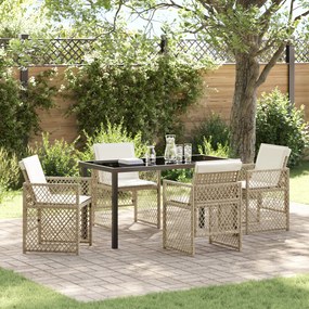 Conjunto de Jantar de Jardim 5 Peças com Almofadas Bege Polirattan