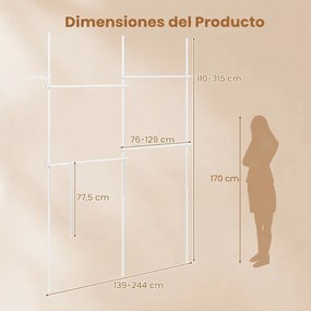 Cabideiro de Roupa 139-244 x 110-315 cm , Estrutura de Pé com 4 Barras Extensíveis, Branco