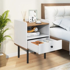 Mesa de cabeceira 40,5 x 35 x 56 cm com gaveta e prateleira aberta Pernas de metal Mesa auxiliar compacta para sala ou quarto Branco