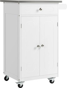 Carrinho de cozinha 60 L x 45 P x 85 A cm com rodas e vários compartimentos: 1 gaveta, armário de 2 portas com prateleira para panos de cozinha, em MD