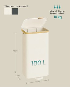 Cesto da roupa suja 42 x 32 x 75 cm com tampa e saco removível, 100 L, creme