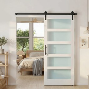 Porta de Correr com Ferragens 91x213 cm Porta de Correr Interior de MDF e Vidro Fosco com Rolo Trilho Guia de Chão Branco