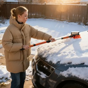 Pá de neve extensível 4 em 1 Raspador de gelo de 107 cm para pára-brisas Cabeça de escova giratória de 180° Cabo em EVA laranja