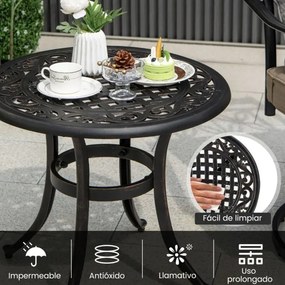 Conjunto jardim de 2 cadeiras empilháveis em alumínio fundido com braços e mesa auxiliar redonda para exterior (jardim, terraço), cor bronze