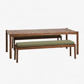 Conjunto De Mesa Retangular 220x100 Cm E 2 Bancos De Jantar Em Madeira De Acácia Karvia Castanho Acácia & Bouclé Verde Sálvia - Sklum
