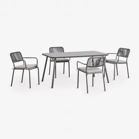 Conjunto De Mesa Retangular 160x90 Cm E 4 Cadeiras De Jardim Empilháveis Em Corda Trançada Arhiza Cinza Grafito - Sklum