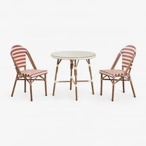 Conjunto De Mesa Redonda Brielle Bistro (80 Cm De Diâmetro) E Duas Cadeiras De Jardim Empilháveis De Alumínio Vermelho Burdeos - Beige Creme - Sklum
