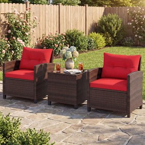 Conjunto de 3 Peças de Bistró Exterior com 2 Cadeiras e Mesa Auxiliar, 67 x 64 x 77 cm, Rattan PE Entrançado à Mão, Castanho e Vermelho