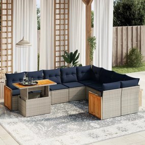 vidaXL 10 pcs conjunto sofás p/ jardim c/ almofadões vime PE cinzento