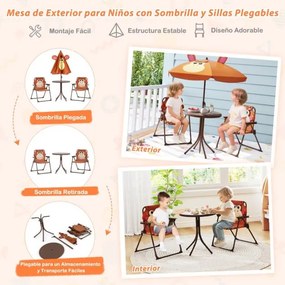Conjunto de piquenique para crianças 3-6 anos Mesa de atividades ao ar livre com 2 cadeiras dobráveis e guarda-sol ajustável em altura Castanho